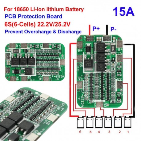 6S 15A PCB BMS Protection Board Li-ion Lithium 18650 Battery Cells 22.2V 25.2V