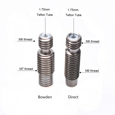 3D V6 Throat Bowden Direct Heat Break Hotend Throat Stainless Steel All Metal With Teflon Tube 1.75