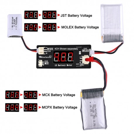 1S LiPo Battery Voltage Meter Checker Tester with JST MCX PH 2.0 Micro Losi Connector