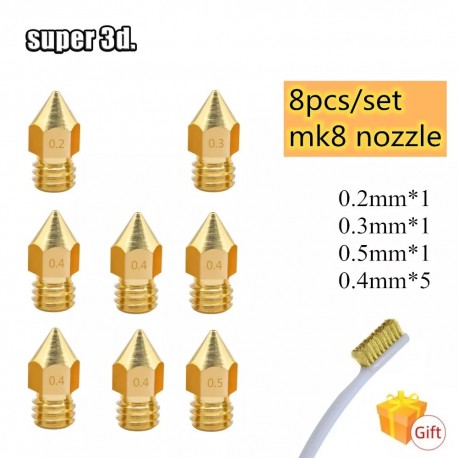 8pcs 3D Printer Nozzles MK8 Extruder Nozzle for 1.75 MK8 CR-10 Ender 3 A8 artillery 3D Printer parts+nozzle brush