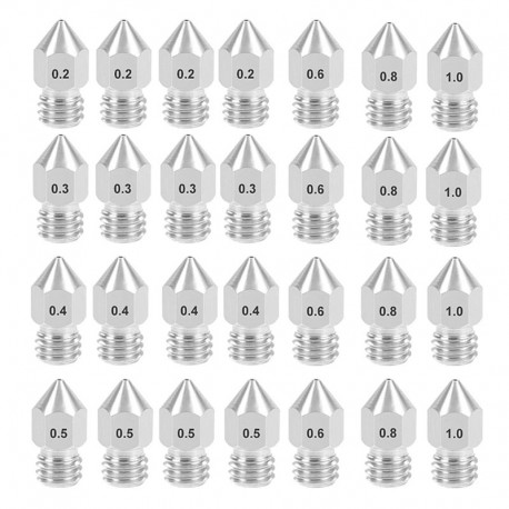 28 Pcs MK8 Nozzle 0.2mm 0.m 0.4mm 0.5mm 0.6mm 0.8mm 1mm M6 Threaded Stainless Steel for 1.75mm Filament 3D Printer Extruder