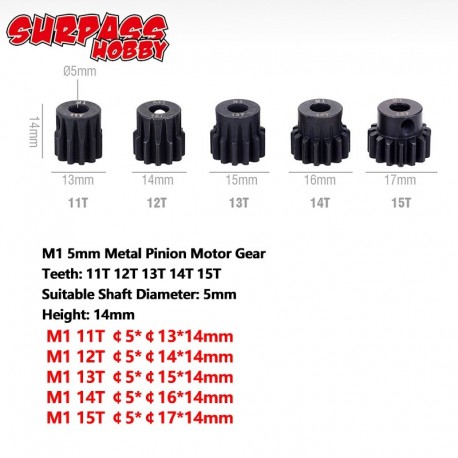 Metal Pinion Motor Gear Set Steel 5PCS M1 5mm 11T ~ 22T for 1/8 RC Car Monster Truck Brushless Motor