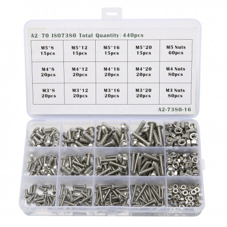 440pcs Bolts and Nuts Set M3 M4 M5 Stainless Steel Hex Socket Button Nuts