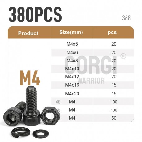 M4 Black Hex Socket Cap Head Screws Set DIN912 12.9 Grade Carbon Steel Allen Bolts Nuts Kit