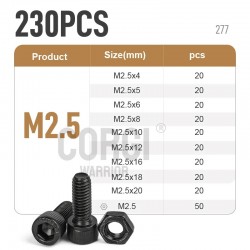 M2.5 Black Hex Socket Cap Head Screws Set DIN912 12.9 Grade Carbon Steel Allen Bolts Nuts Kit