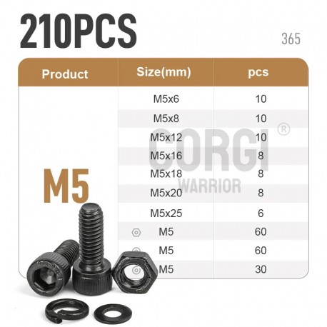 M5 Black Hex Socket Cap Head Screws Set DIN912 12.9 Grade Carbon Steel Allen Bolts Nuts Kit