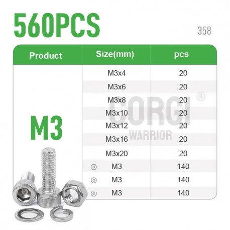 M3CH3 M3 Carbon Steel Allen bolt 4-20mm Button Head Hex Socket Cap Screw Bolt Metric 560pcs