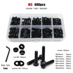 480Pcs M3 Black Grade 10.9 Steel Hex Hexagon Socket Allen Button Round Head Screw Bolt Nut Assortment Kit Box