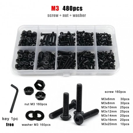 480Pcs M3 Black Grade 10.9 Steel Hex Hexagon Socket Allen Button Round Head Screw Bolt Nut Assortment Kit Box