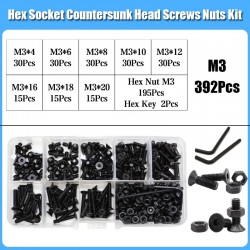 392Pcs M3 Hex Socket Flat Head Allen Screw Assortment Kit with Nut Washer and Hex Key