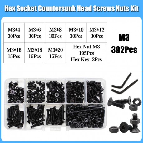392Pcs M3 Hex Socket Flat Head Allen Screw Assortment Kit with Nut Washer and Hex Key