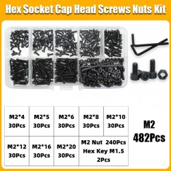 M2 Black Hex Socket Cap Head Screws Set DIN912 12.9 Grade Carbon Steel Allen Bolts Nuts Kit