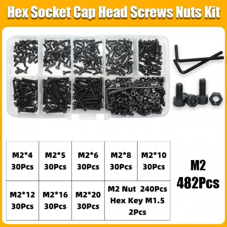M2 Black Hex Socket Cap Head Screws Set DIN912 12.9 Grade Carbon Steel Allen Bolts Nuts Kit